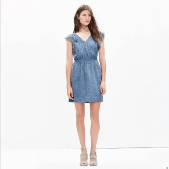 NWT new Madewell Lace feminine Flutter-Sleeve Dress in dusty Blue size 2 - Picture 2 of 11